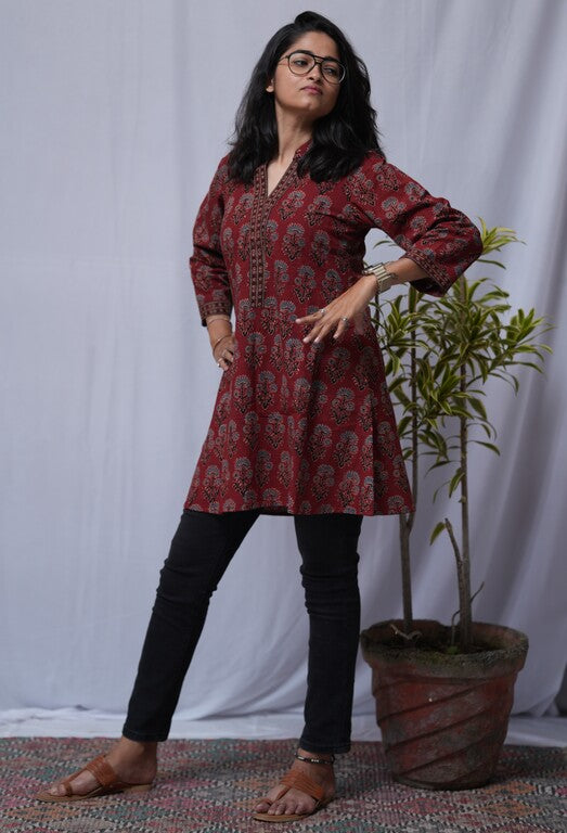 Diti Ajrakh Red A-line Short Top Kurti
