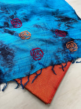 Lucknowi Chikankari Blue Tussar Silk Rose Motif Dupatta