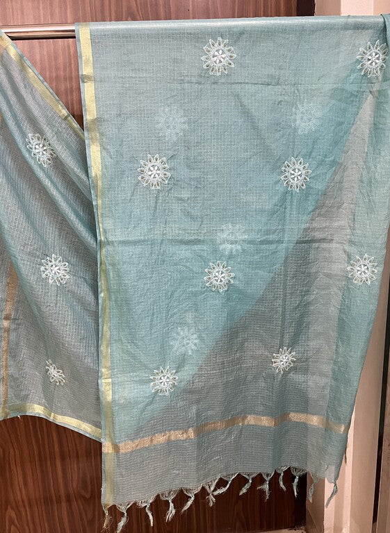 Lucknowi Chikankari Ombre Blue Kota Silk Dupatta