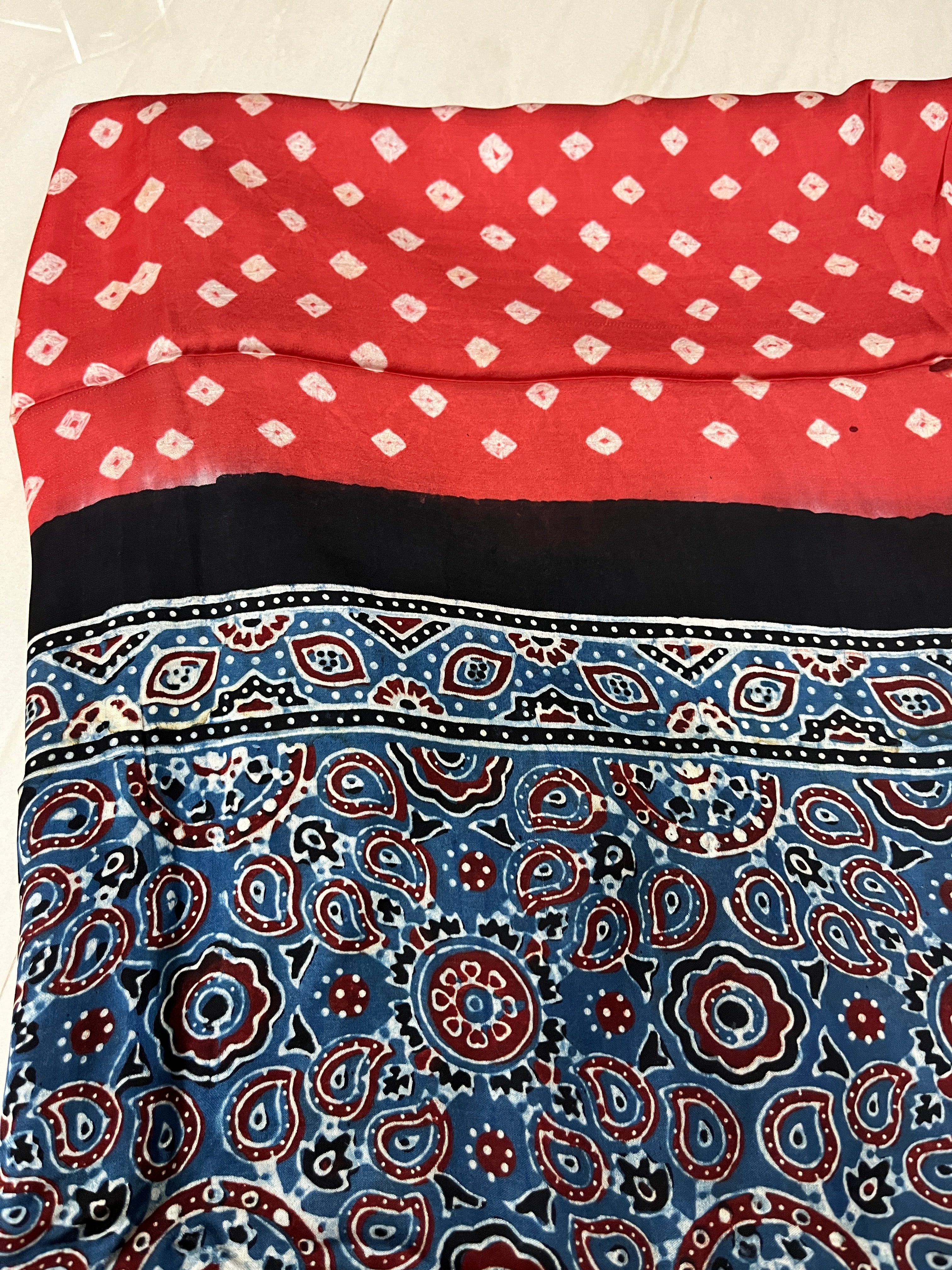Bandhani Ajrakh Red and Blue Modal Silk Dupatta