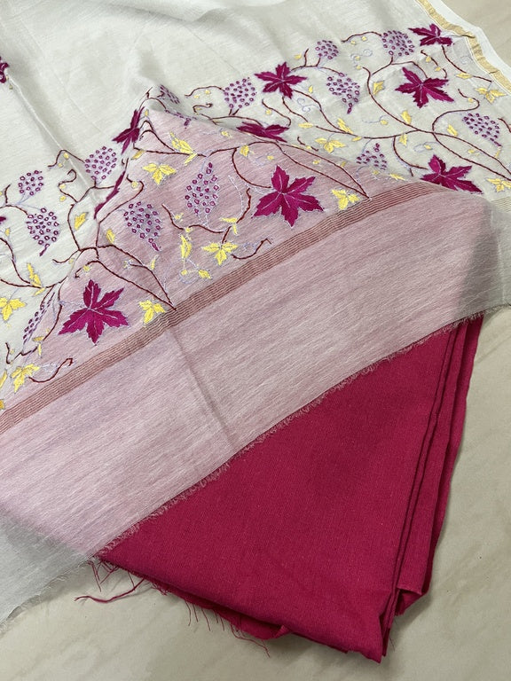 Kashmir Sozni Embroidery White and Pink Chanderi Silk Dupatta