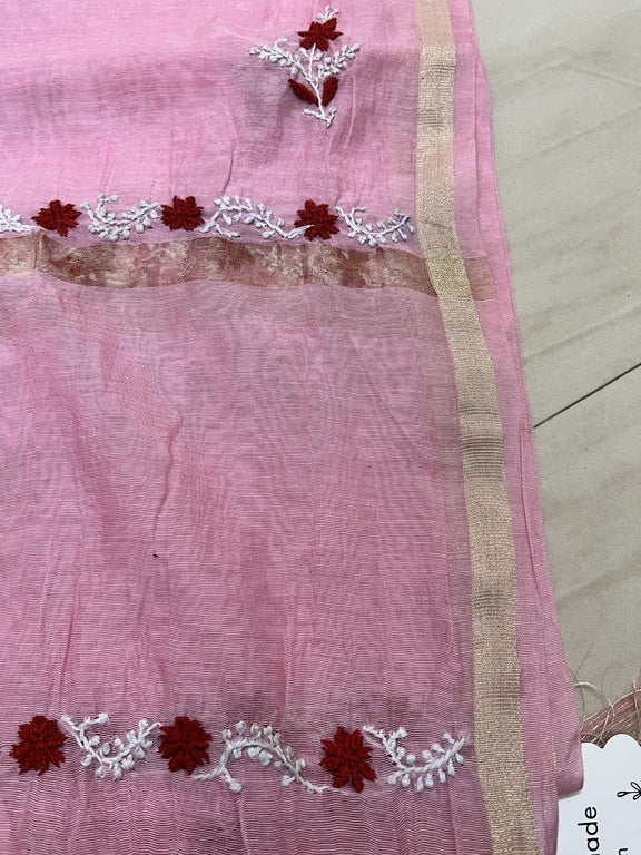 Lucknowi Chikankari Pink Chanderi Silk Dupatta