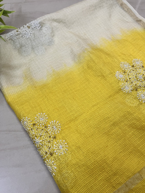 Lucknowi Chikankari Ombre Cream and Yellow Kota Silk Dupatta
