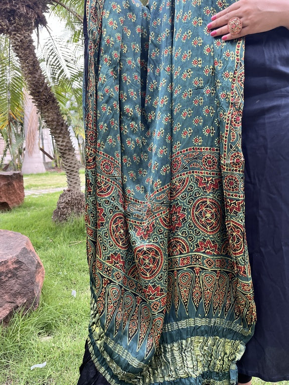 Ajrakh Green Modal Silk Lagdi Patta Dupatta