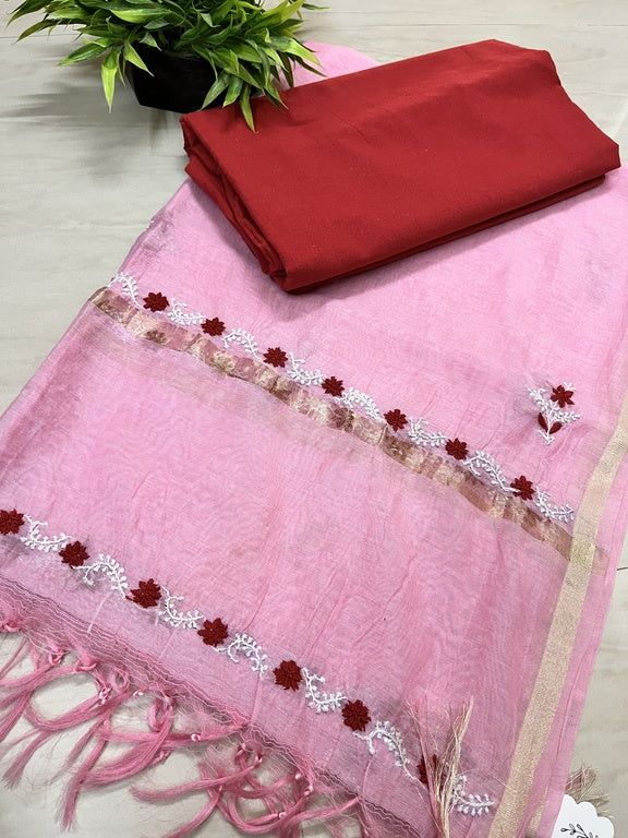 Lucknowi Chikankari Pink Chanderi Silk Dupatta
