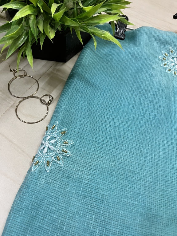 Lucknowi Chikankari Ombre Blue Kota Silk Dupatta