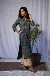 Eshana Ajrakh Cotton Blue Straight Kurta