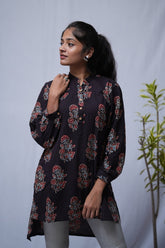 Nirrti Ajrakh Black Cotton Short Top Kurti