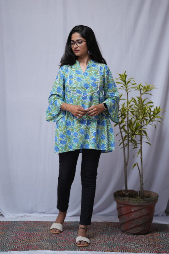 Archi Bagru Cotton Blue A-line Short Top