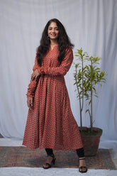 Trisha Bagru Cotton Red Chudi Sleeves Kali Kurta