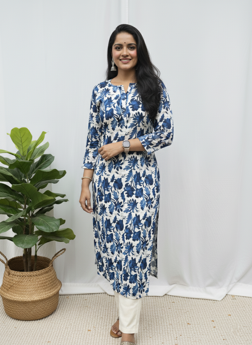 Trisha Blue Cotton Straight Kurta