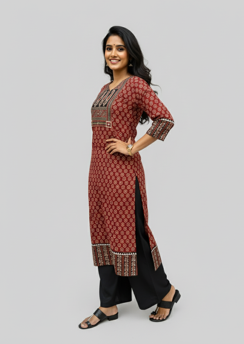 Shreya Maroon Ajrakh Cotton Straight Kurta