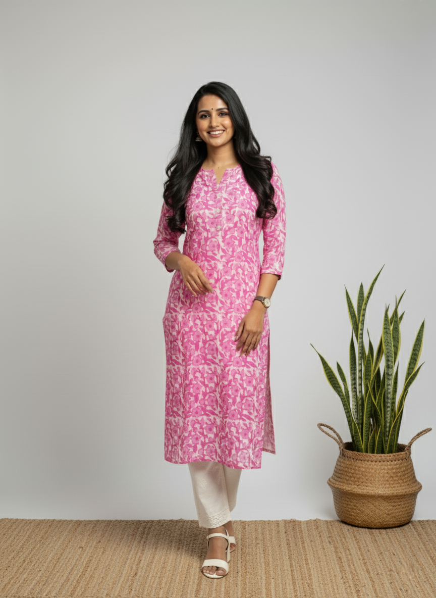 Jyothi Pink Cotton Straight Kurta