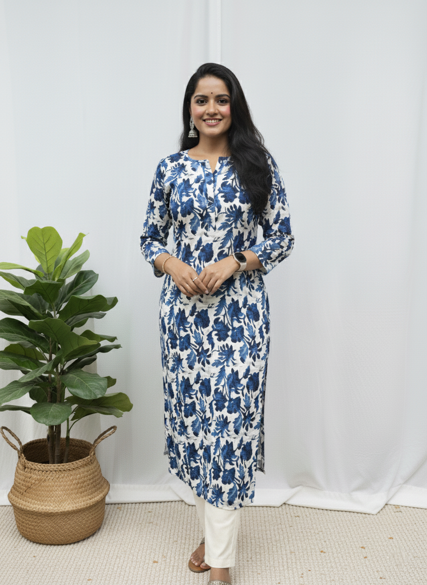Trisha Blue Cotton Straight Kurta