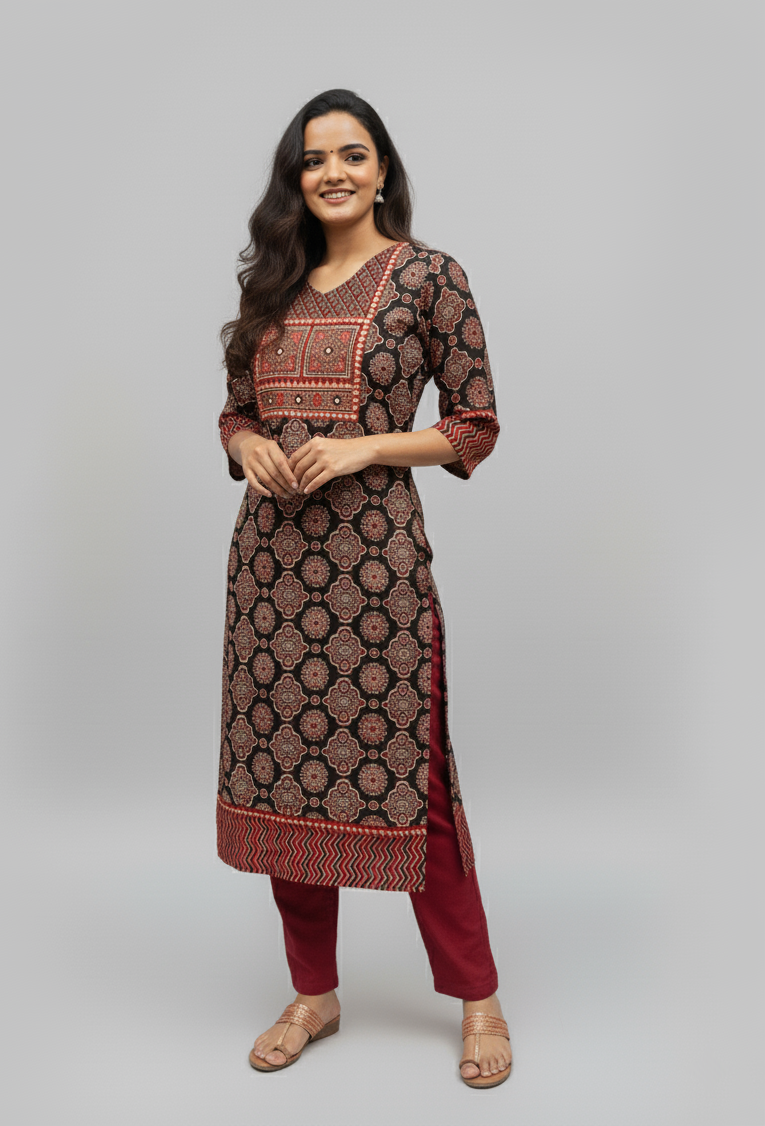 Shreya Black Ajrakh Cotton Straight Kurta