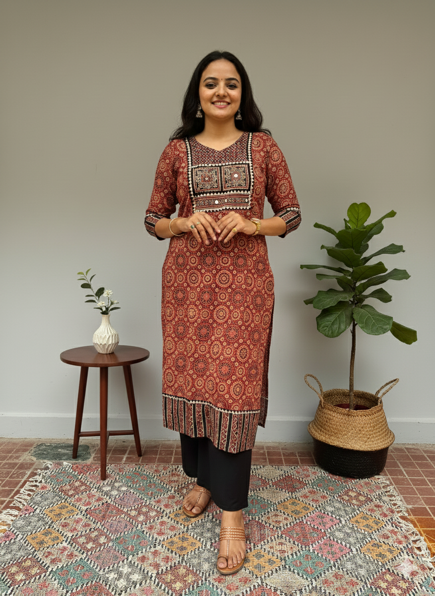 Rithika Maroon Ajrakh Cotton Straight Kurta