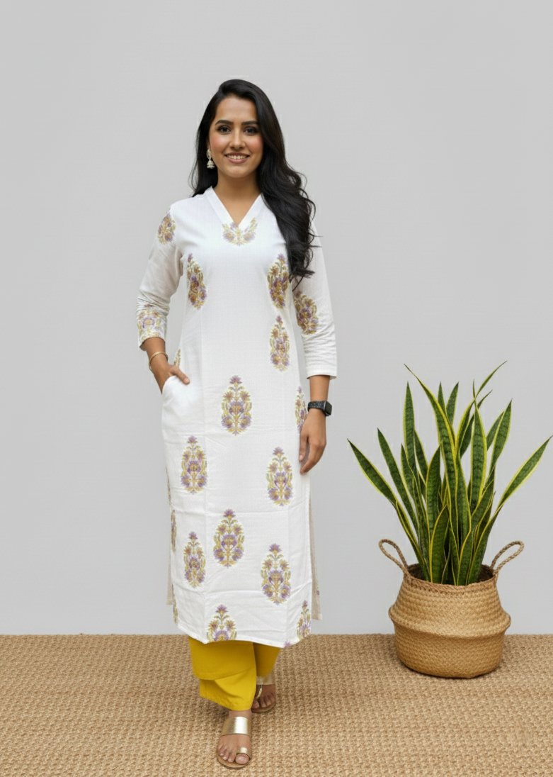 Mughal Handblock Yellow Butta Cotton Straight Kurta
