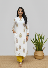 Mughal Handblock Yellow Butta Cotton Straight Kurta