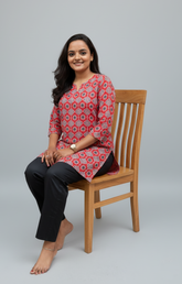 Devki Red Cotton Short Top Kurti