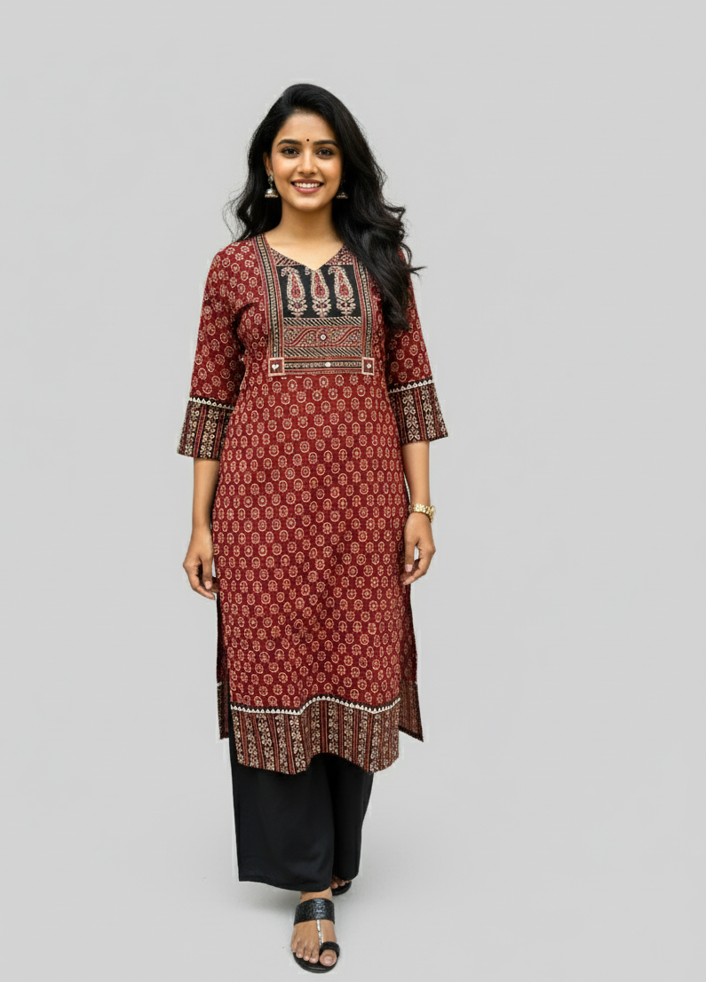 Shreya Maroon Ajrakh Cotton Straight Kurta