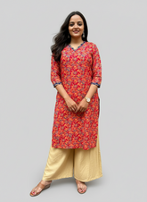 Ganga Red Cotton Straight Kurta