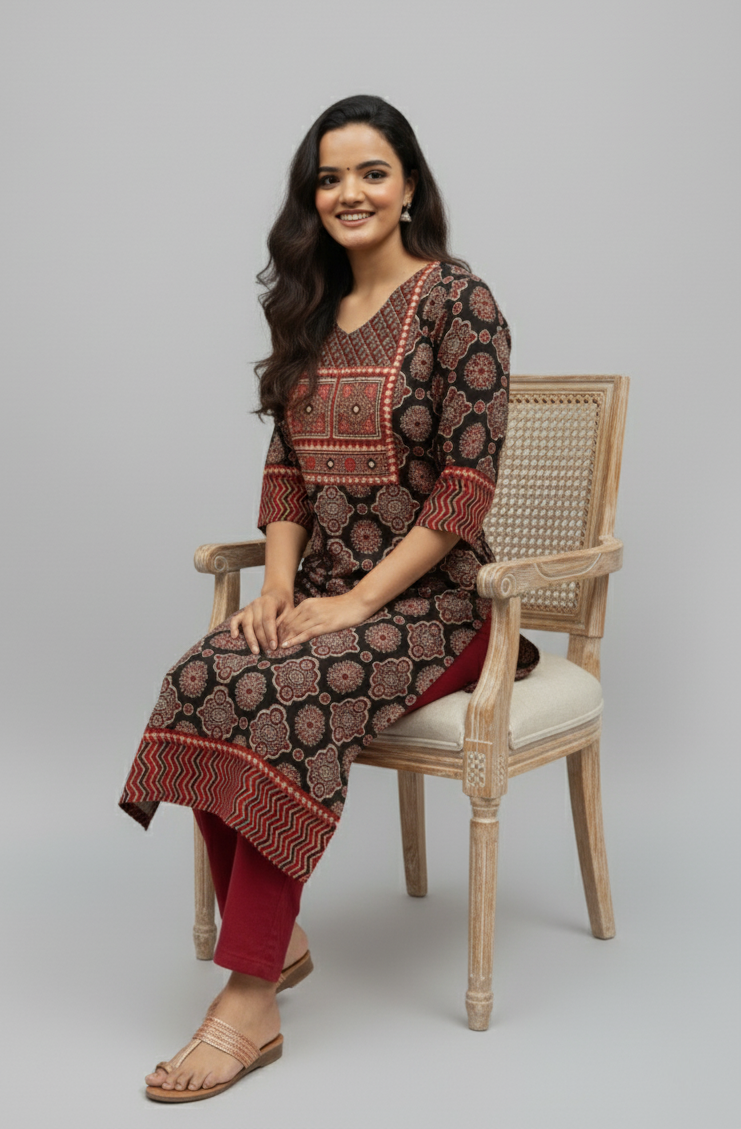 Shreya Black Ajrakh Cotton Straight Kurta