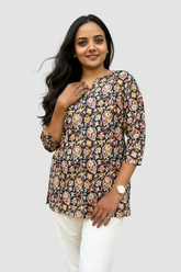 Devki Black Cotton Short Top Kurti