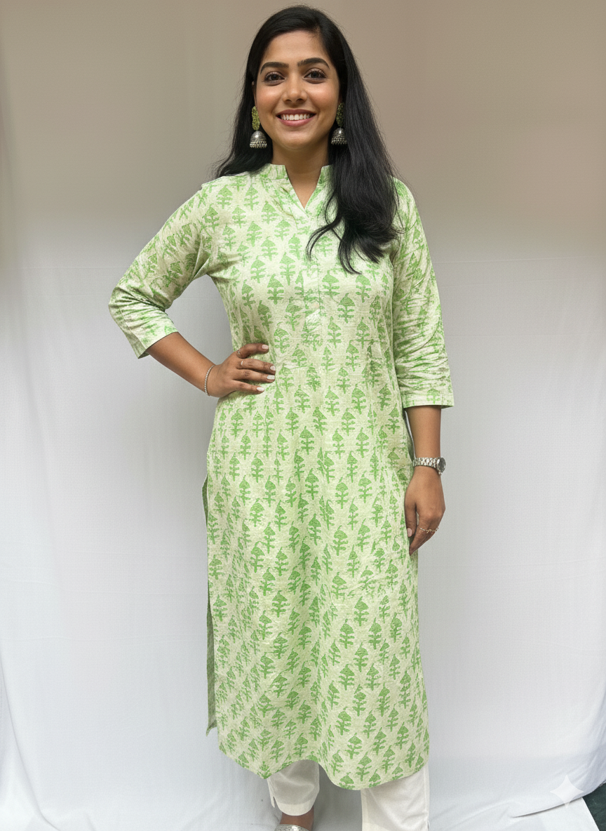 Jyothi Green Cotton Straight Kurta