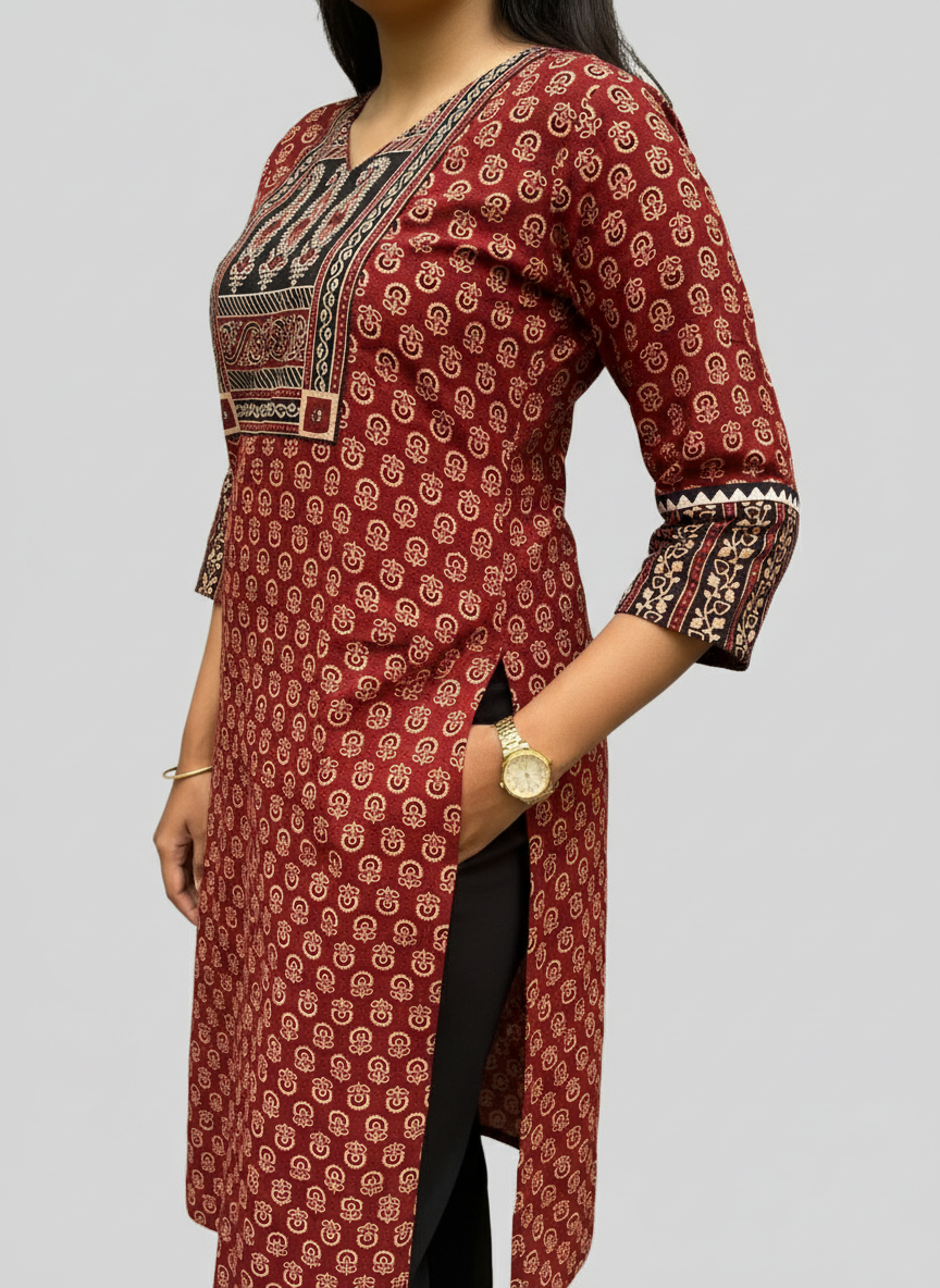Shreya Maroon Ajrakh Cotton Straight Kurta