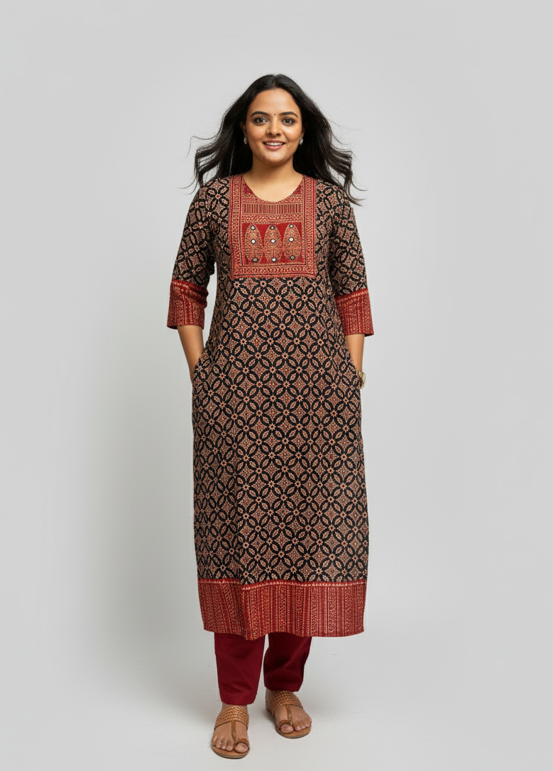 Rithika Black Ajrakh Cotton Straight Kurta