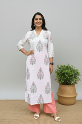 Mughal Handblock Pink Butta Cotton Straight Kurta