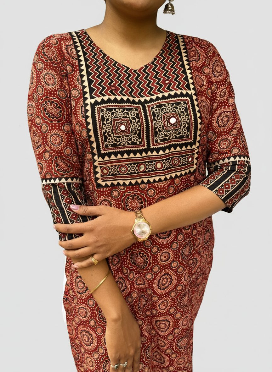Rithika Maroon Ajrakh Cotton Straight Kurta
