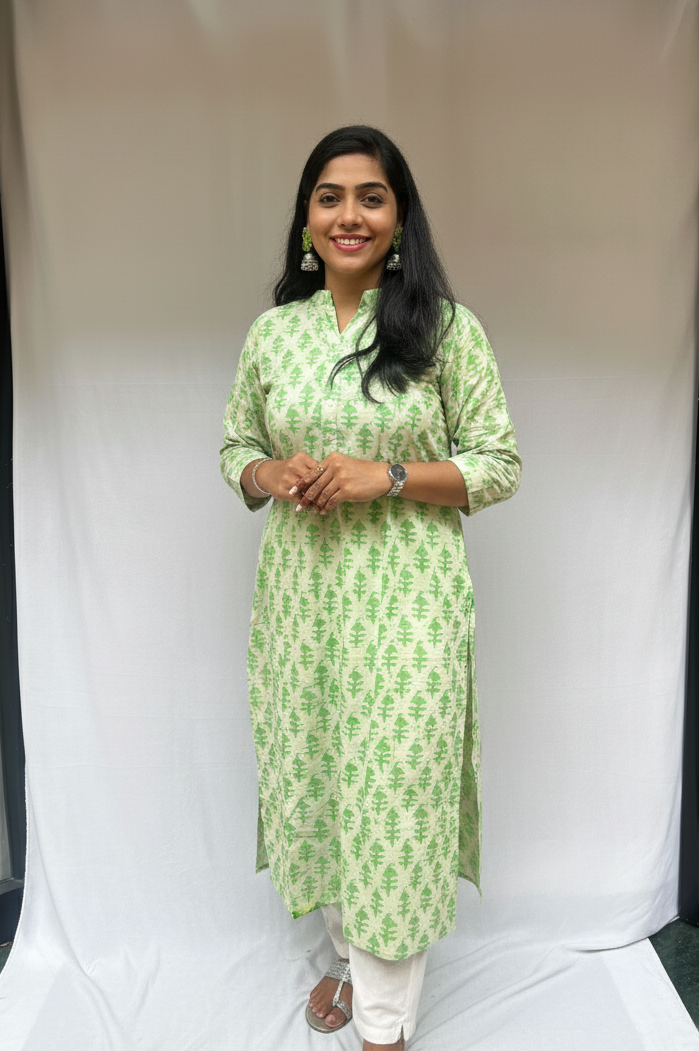 Jyothi Green Cotton Straight Kurta