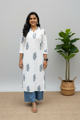 Mughal Handblock Blue Butta Cotton Straight Kurta