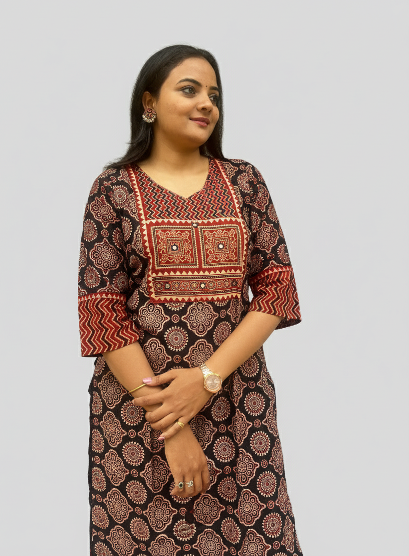 Shreya Black Ajrakh Cotton Straight Kurta