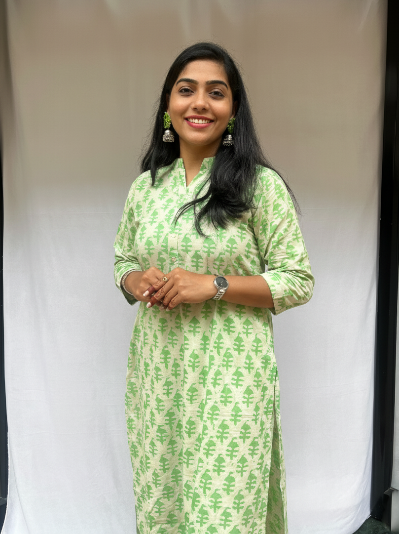 Jyothi Green Cotton Straight Kurta