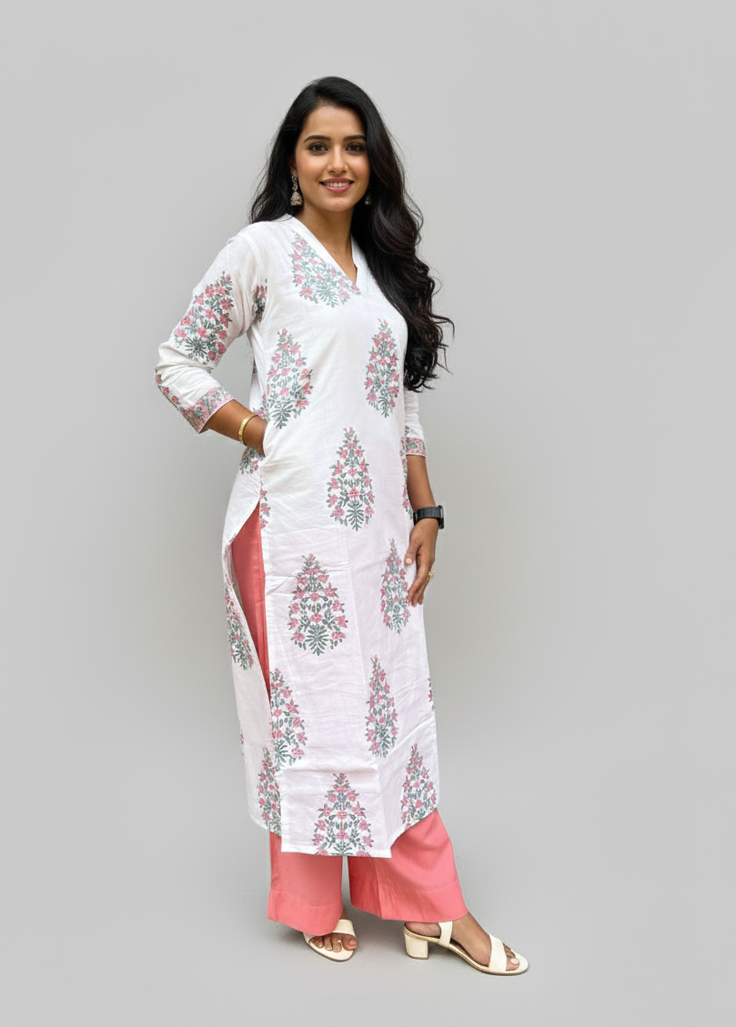 Mughal Handblock Pink Butta Cotton Straight Kurta