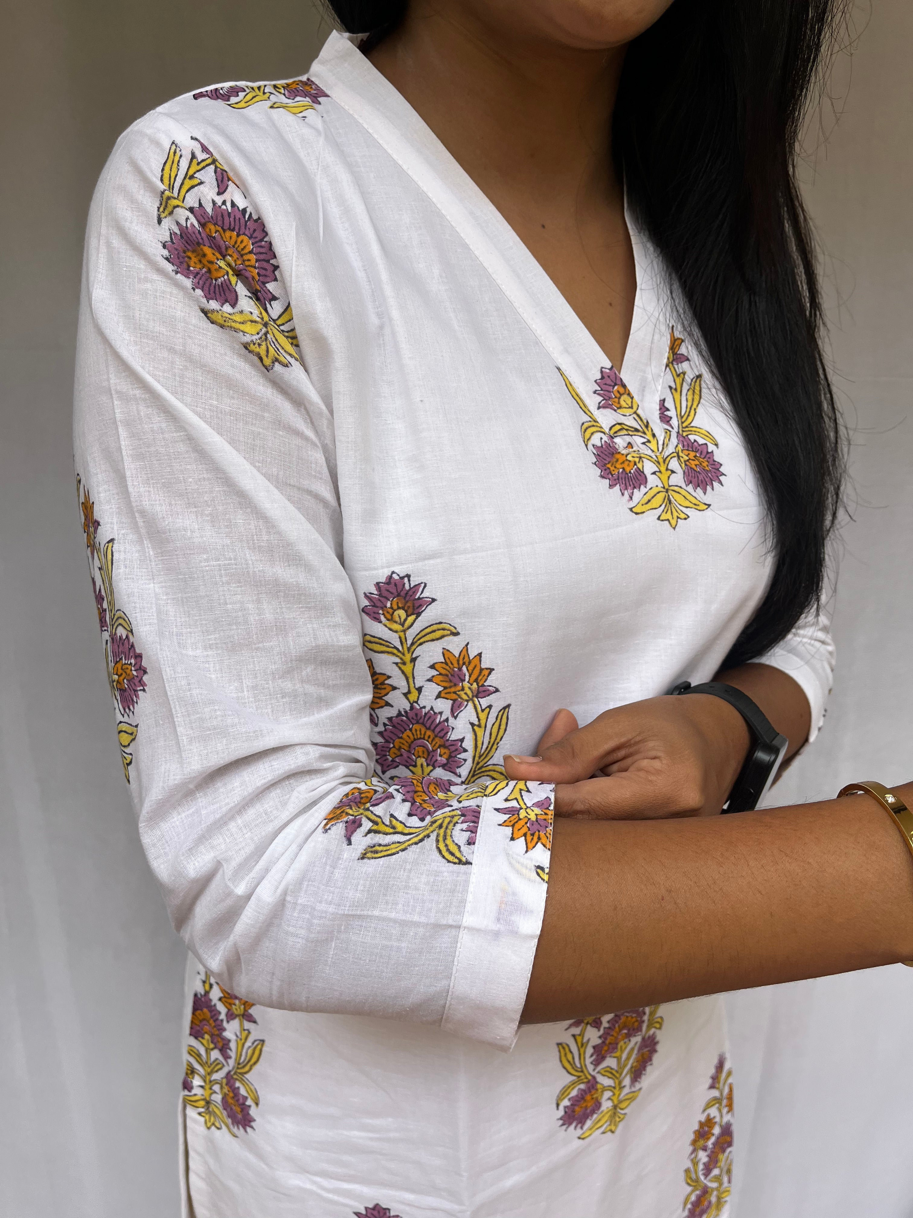 Mughal Handblock Yellow Butta Cotton Straight Kurta