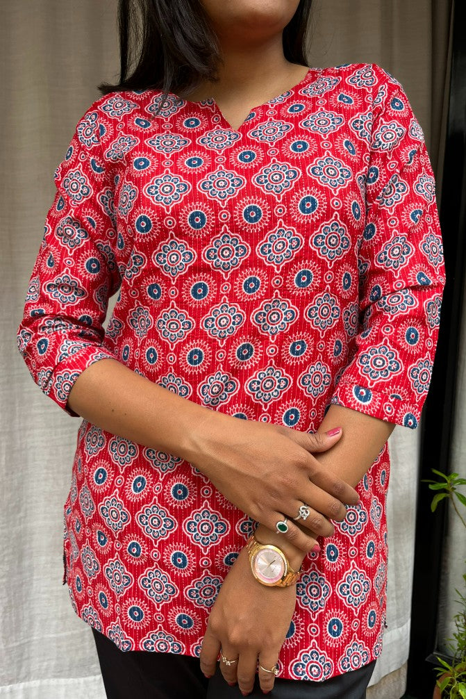 Devki Red Cotton Short Top Kurti. Hip covering for every day wear