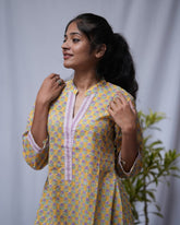 Bhumi Sanganeri Cotton Yellow A-line Short Top Kurti