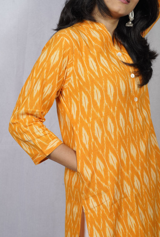 Ritika Yellow Ikkat Cotton Straight Kurta– elegant ethnic wear for women, available for online shopping