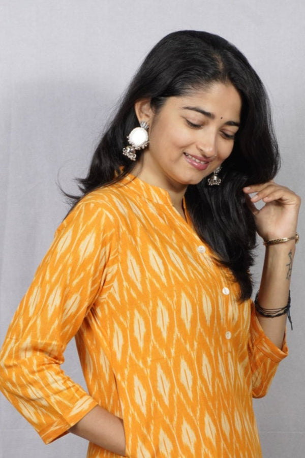 Ritika Yellow Ikkat Cotton Straight Kurta– elegant ethnic wear for women, available for online shopping
