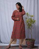 Rea Bagru Cotton Red Straight Kurta