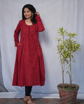 Navya Cotton Red Chudi Sleeves Aline Kurta