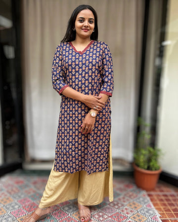 Ganga Blue Cotton Straight Kurta