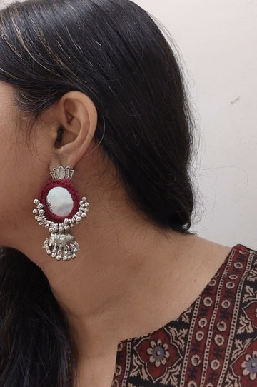 maroon mirror work earrings     