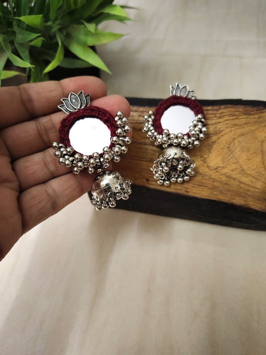 maroon mirror work earrings     