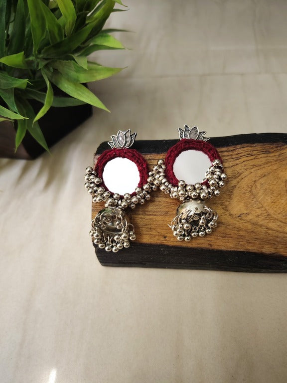 maroon mirror work earrings     