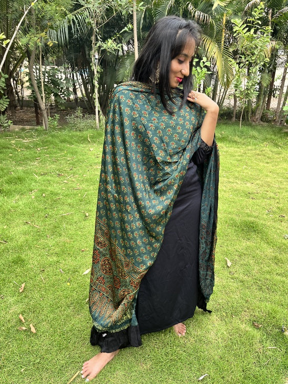 Ajrakh Green Modal Silk Lagdi Patta Dupatta