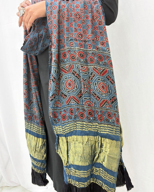 Ajrakh Blue and Red Modal Silk Lagdi Patta Dupatta